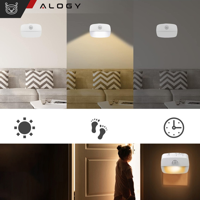 2x Alogy Lampka nocna z czujnikiem ruchu LED Night Light 3 barwy światła do gniazdka EU Biała