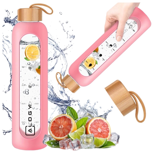 Alogy Motivational Glass Water Bottle Butelka szklana duża bidon na wodę napoje Miarka motywacyjna 1l 1000ml Różowa