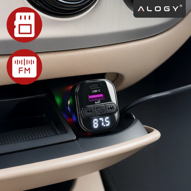 Transmiter FM Bluetooth 5.3 z Ładowarką Samochodową PD 30W QC3.0, Kabel Sprężynowy USB-C, Obsługa Pendrive, Podświetlenie LED 7 Barw – Alogy CarTune™ Czarny