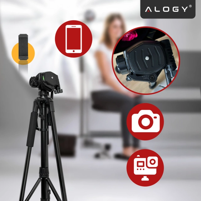 Alogy Statyw Fotograficzny Tripod Uniwersalny stojak do Kamer 1/4 uchwyt na telefon aparat 170cm Czarny