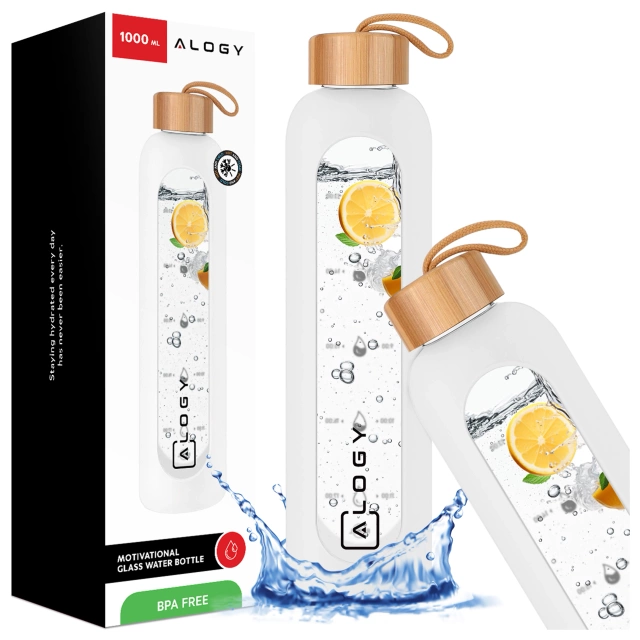 Alogy Motivational Glass Water Bottle Butelka szklana duża bidon na wodę napoje Miarka motywacyjna 1l 1000ml Biała