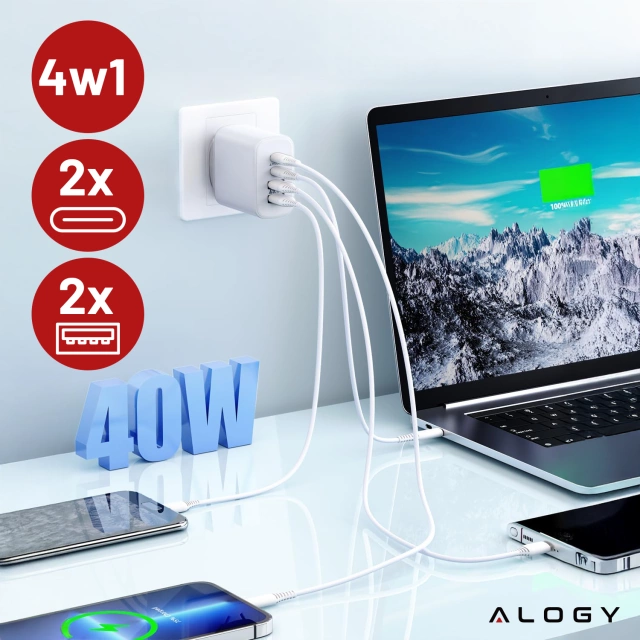 Ładowarka sieciowa 40W 2x USB 2x USB-C Alogy Super Fast Charger Szybkie ładowanie PowerDelivery PD Biała