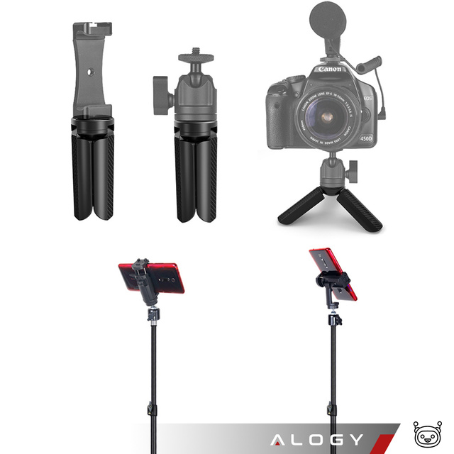 Alogy Uchwyt mini statyw na telefon aparat stojak podstawka regulowany obrotowy 360 Tripod selfie do zdjęć Czarny