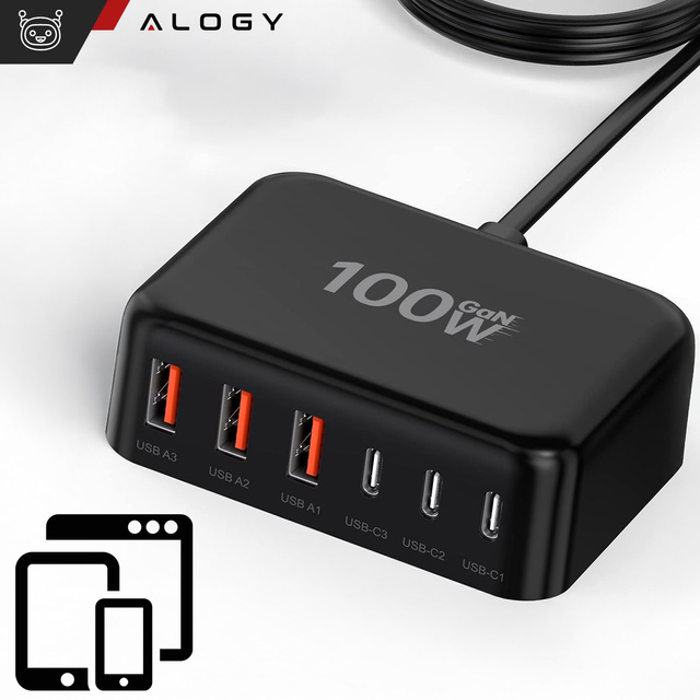 Ładowarka sieciowa 6w1 Super Szybkie Ładowanie 100W GaN 3x USB 3x USB-C Alogy Super Quick Charger Czarna