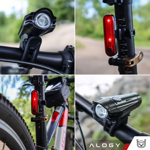 Alogy Lampka rowerowa 2w1 przód + tył wodoodporna IPX4 LED przednia tylna USB światło oświetlenie rowerowe zestaw lampek