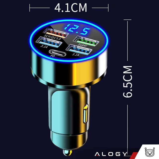 Alogy Car Ładowarka samochodowa 4x USB QC 3.0 + USB C PD 20W LED szybka mocna 250W czarna