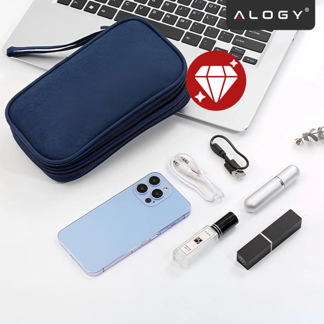 Etui Podróżne na Akcesoria, Organizer na Kable, Ładowarki, Telefon i Powerbank, Wielofunkcyjne i Kompaktowe 21 x 12,5 x 5 cm, Alogy TravelPack™ – Granatowe