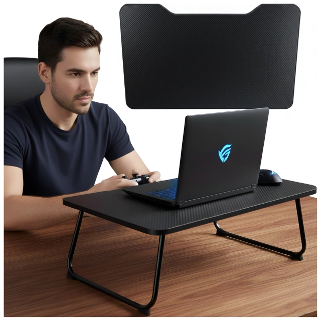 Stolik składany gamingowy 60×40 cm – biurko na laptopa z powierzchnią Carbon, lekki i przenośny, stabilna konstrukcja do domu i grania – Alogy CarbonDesk™ Czarny