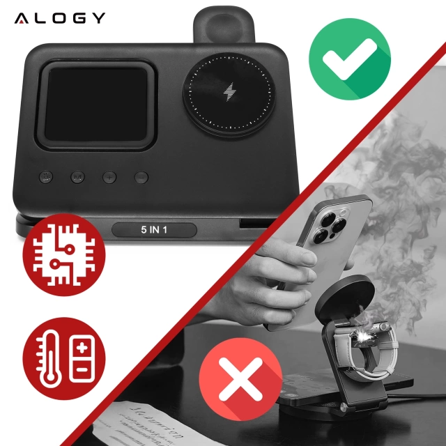 Ładowarka indukcyjna 5w1 składana Alogy MagStation Foldable Pro do MagSafe do Apple iPhone Watch AirPods z zegarem i higrometrem Czarna