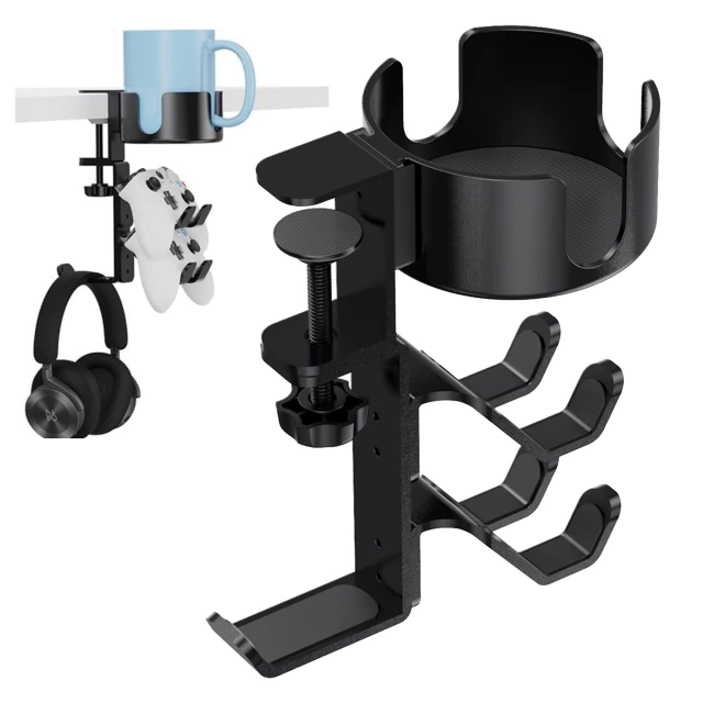 Uchwyt do biurka wielofunkcyjny – na kubek, pady i słuchawki, mocowanie do blatu, antypoślizgowy i stabilny – Alogy DeskClamp™ Czarny