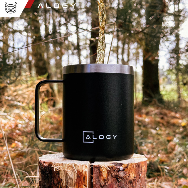 Alogy Kubek termiczny z uchwytem Thermal Mug otwierana pokrywka stalowy zimno i ciepło Czarny