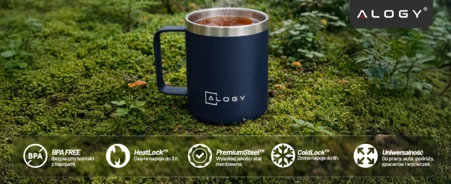 Alogy Kubek termiczny z uchwytem Thermal Mug otwierana pokrywka stalowy zimno i ciepło granatowy
