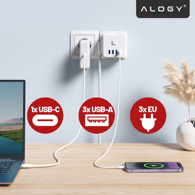 Alogy Rozgałęźnik sieciowy rozdzielacz Ładowarka adapter złodziejka 3 gniazdka PL/EU USB USB-C 7w1 5V 2.4A Biały