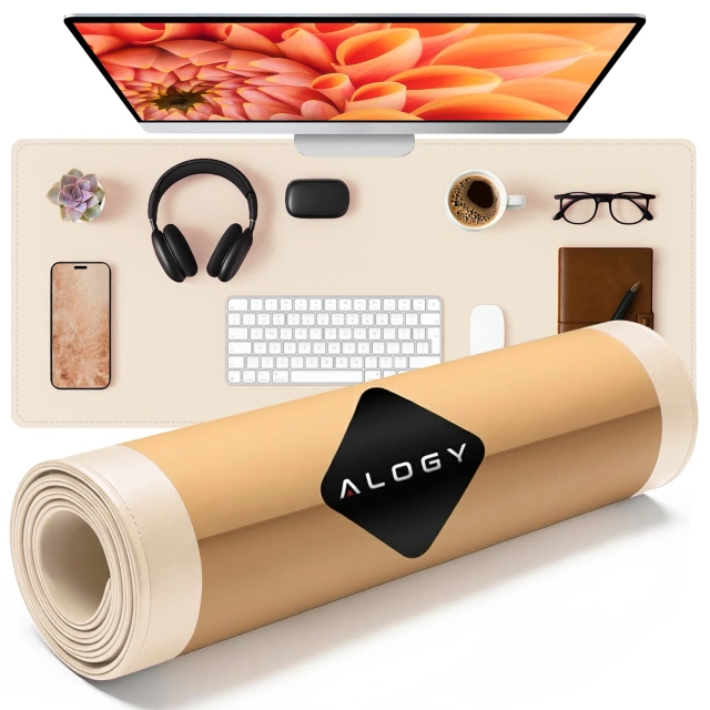 Podkładka na biurko 80×40 cm – antypoślizgowa mata ochronna z eleganckiej ekoskóry PU, pod mysz i klawiaturę, stylowa i trwała – Alogy WorkMat™ Beżowa