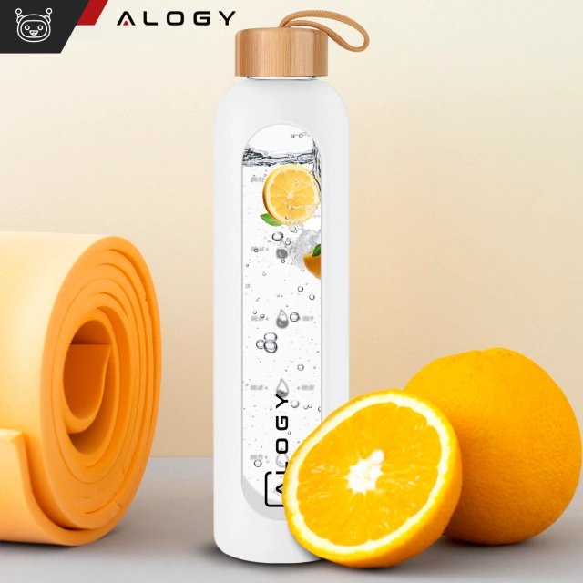 Alogy Motivational Glass Water Bottle Butelka szklana duża bidon na wodę napoje Miarka motywacyjna 1l 1000ml Biała
