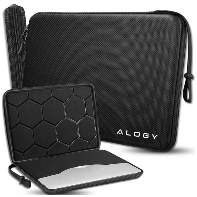 Torba na laptopa 13–14" do MacBook Air / Pro (M1 M2 M3 M4) – twarde etui ochronne Hard Foam, sztywna konstrukcja, ochrona przed uderzeniami i wilgocią – Alogy ShieldCase™ Czarna