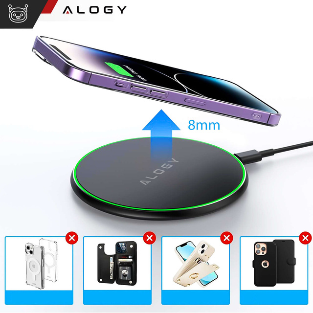 Alogy Ładowarka indukcyjna QI bezprzewodowa 20W szybka LED okrągła  + kabel USB-CCzarna