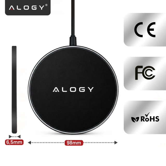 Ładowarka indukcyjna Ultra-Slim Qi 15W – bezprzewodowa, szybkie ładowanie z podświetleniem LED, okrągła do iPhone Samsung, w zestawie kabel USB-C – Alogy SlimCharge™ Czarna