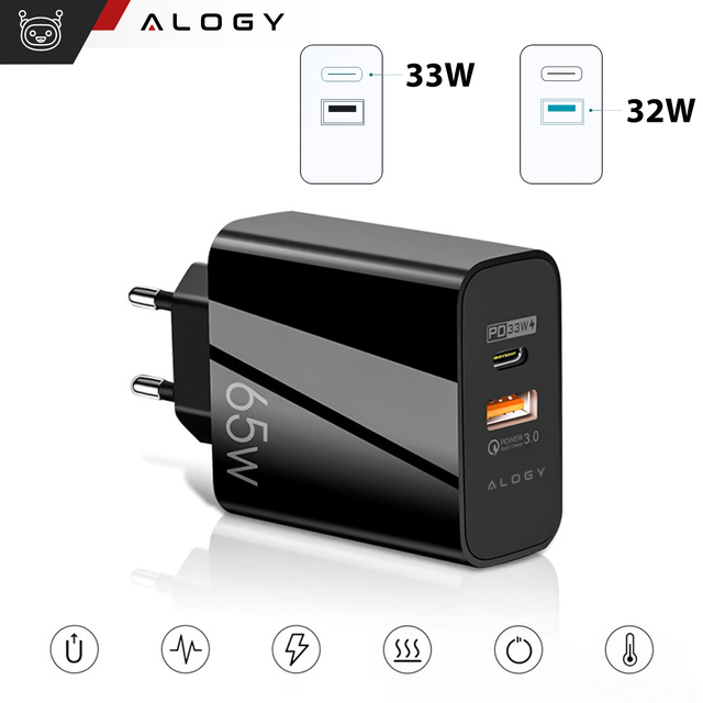 Alogy Ładowarka sieciowa szybka Quick Charge QC 3.0 USB-A + USB-C 65W Custom Fast Charger Black