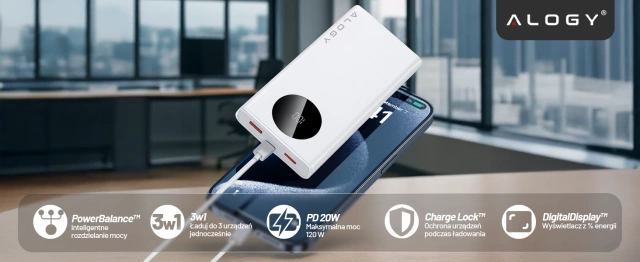 PowerBank 10000mAh z Technologią PD 120W, Szybkie Ładowanie PowerDelivery, Porty 2x USB-A i 1x USB-C, Wysoka Moc i Kompaktowy Design, Alogy TurboCharge™ – Biały