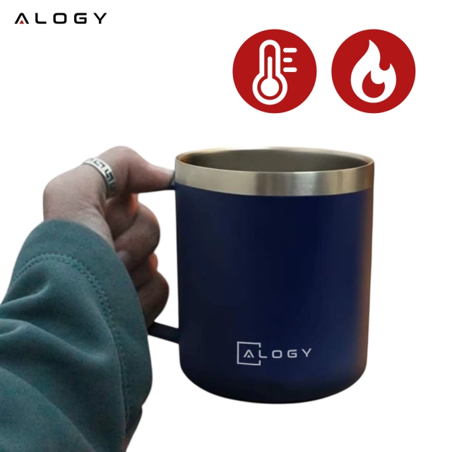Alogy Kubek termiczny z uchwytem Thermal Mug otwierana pokrywka stalowy zimno i ciepło granatowy