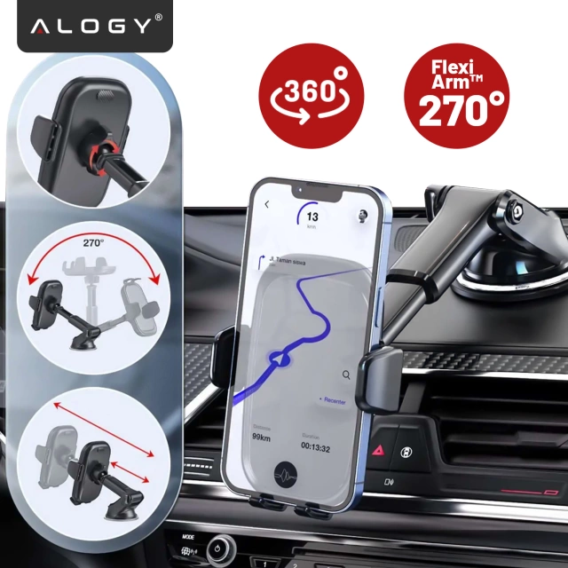 Uchwyt samochodowy na telefon szybę kratkę kokpit deskę do samochodu auta do telefonu 7" Alogy 3w1 Czarny + Organizer