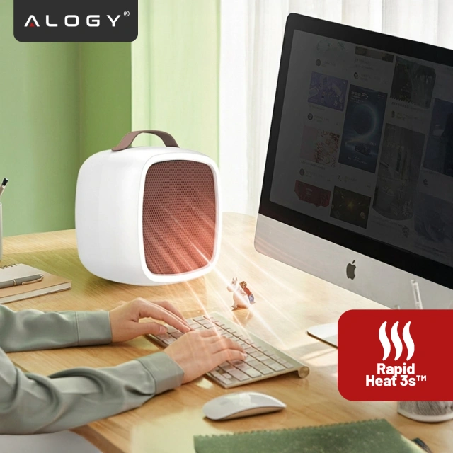 Grzejnik elektryczny mini Farelka 500W – termowentylator biurkowy do kontaktu, szybkie nagrzewanie, kompaktowy i energooszczędny – Alogy HeatPlug™ Biały