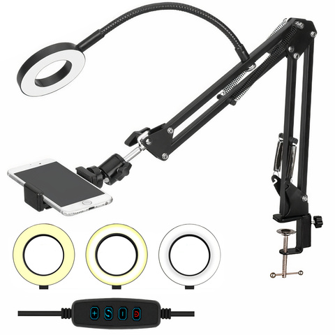 Alogy Lampa Ring LED z elastycznym ramieniem i statywem do blatu biurka z uchwytem na telefon Czarna