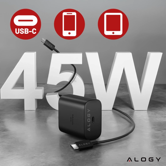 Alogy Ładowarka sieciowa USB-C typ C PD Premium szybka 45W 3A + Kabel Type-C 1M czarna