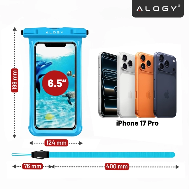 Etui Wodoodporne Uniwersalne IPX8 do Telefonów do 6.5", Wodoszczelna Ochrona na Plażę, Basen i Kajak, Dotykowy Front i Pasek na Szyję, Alogy HydroShield™ – Niebieskie