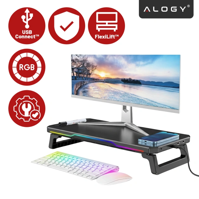 Podstawka pod monitor z lampką listwą świetlną RGB z wejściami HUB USB (3× USB-A, 1× USB-C) – biurkowa do Home Office, Gaming, poprawa ergonomii – Alogy MonitorStand™ Czarna