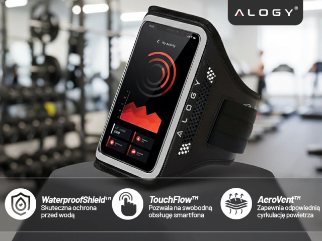 Etui do biegania na ramię do telefonu do 6.7" – wodoodporna opaska sportowa, regulowany pasek, bezpieczne i wygodne mocowanie – Alogy WaterProof Sport ArmBand™ Czarna