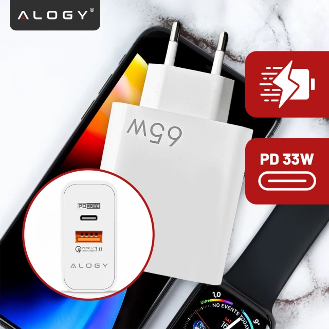 Ładowarka sieciowa USB-A + USB-C – szybkie ładowanie QC 3.0 i PD 33W 65W, kompaktowa, uniwersalna do telefonu i laptopa – Alogy GaN PowerCharge™ Biała