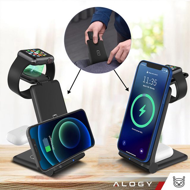 Ładowarka indukcyjna do iPHONE, APPLE WATCH, AIRPODS Alogy 3w1 QI stacja ładowania stojak 15W