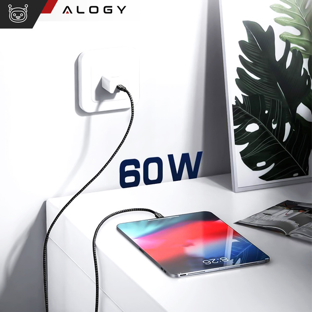 Alogy 2x Kabel USB-C typ C mocny szybki 60W PD 1M do iPhone 15/Pro/Max nylonowy przewód Czarny