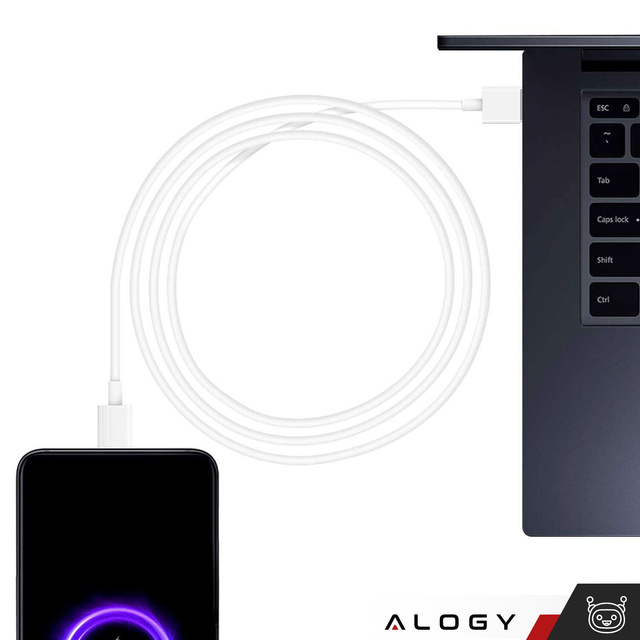 Kabel USB - USB-C typ C Alogy mocny szybki 67W 6A PD 1M przewód do ładowarki Blue Label Biały