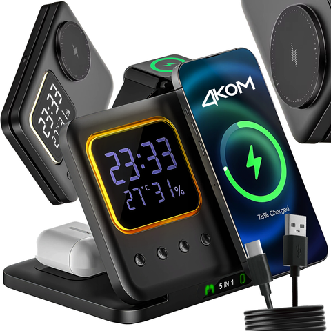Ładowarka indukcyjna 5w1 składana Alogy MagStation Foldable Pro do MagSafe do Apple iPhone Watch AirPods z zegarem i higrometrem Czarna