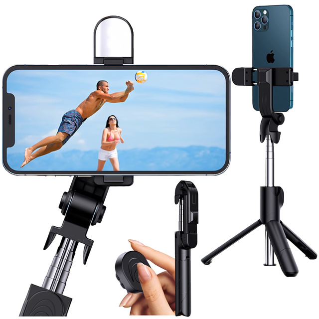 Alogy Uchwyt Bezprzewodowy Selfie Stick Bluetooth składany Tripod Mini statyw do telefonu z lampką LED