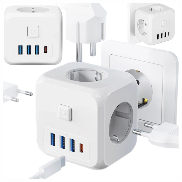 Alogy Rozgałęźnik sieciowy rozdzielacz Ładowarka adapter złodziejka 3 gniazdka PL/EU USB USB-C 7w1 5V 2.4A Biały
