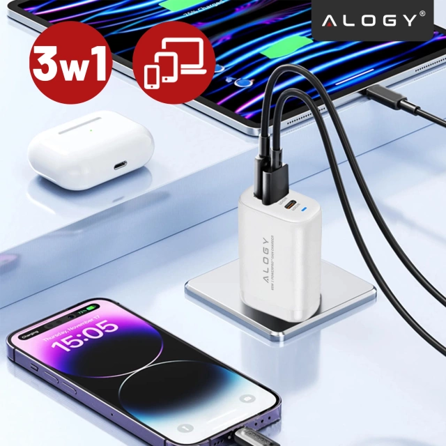Ładowarka Sieciowa 3w1 z Technologią GaN3 65W, Szybkie Ładowanie PD i QC, Porty 2x USB-C 65W + USB-A 30W, Kompaktowa i Wydajna, Alogy GaNCharge Compact™ – Biała