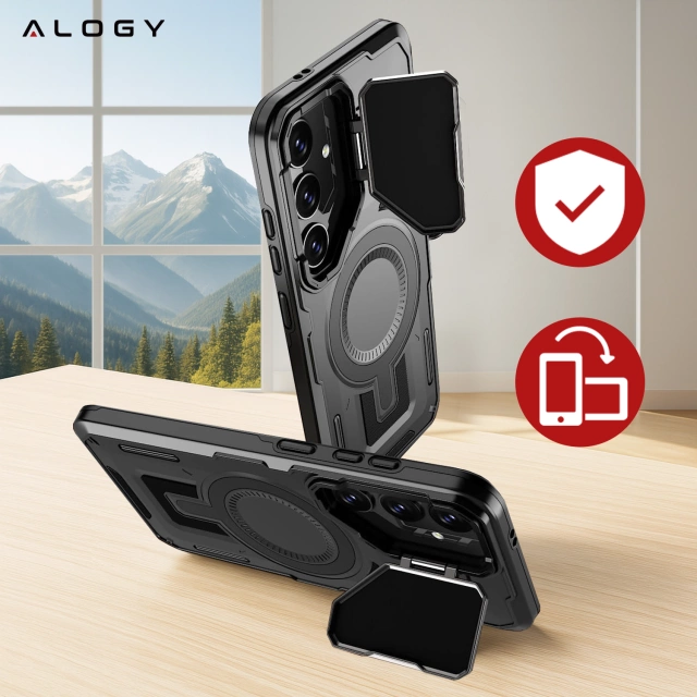 Etui do Samsung Galaxy S25 Plus Case do MagSafe Wzmocniona Pancerna ochrona obiektywów z funkcją podstawki obudowa ochronna na telefon Alogy HeavyDuty Mag™️Czarne