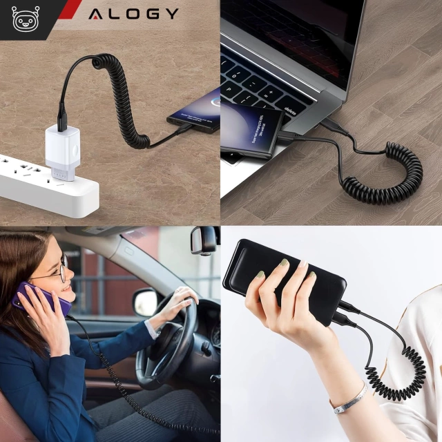 Kabel Alogy do ładowania Xiaomi Google Pixel spiralny samochodowy 66W 5A 150cm USB do USB-C czarny