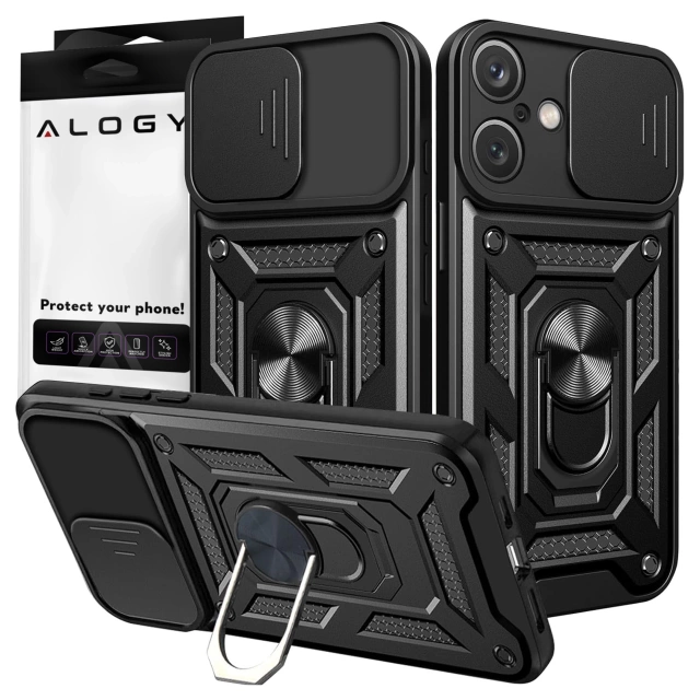 Etui do Apple iPhone 16 pancerne Slide Case Ring obudowa ochrona aparatu Camshield Alogy czarne + Szkło