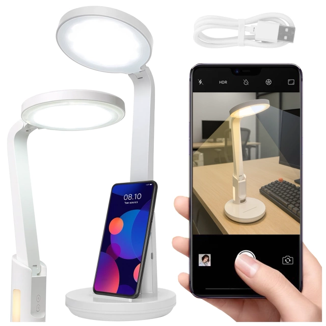 Lampka biurkowa nocna LED – akumulator 6000 mAh, regulacja światła i trybów, miejsce na telefon, stabilna, idealna do nauki i pracy – Alogy MultiStand™ Biała