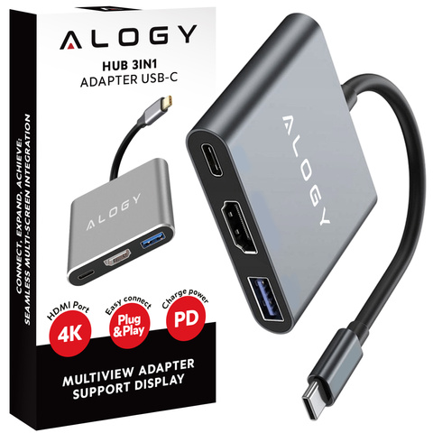Alogy Adapter przejściówka HUB 3w1 USB-C na HDMI + USB-C + USB-A 4K 60Hz