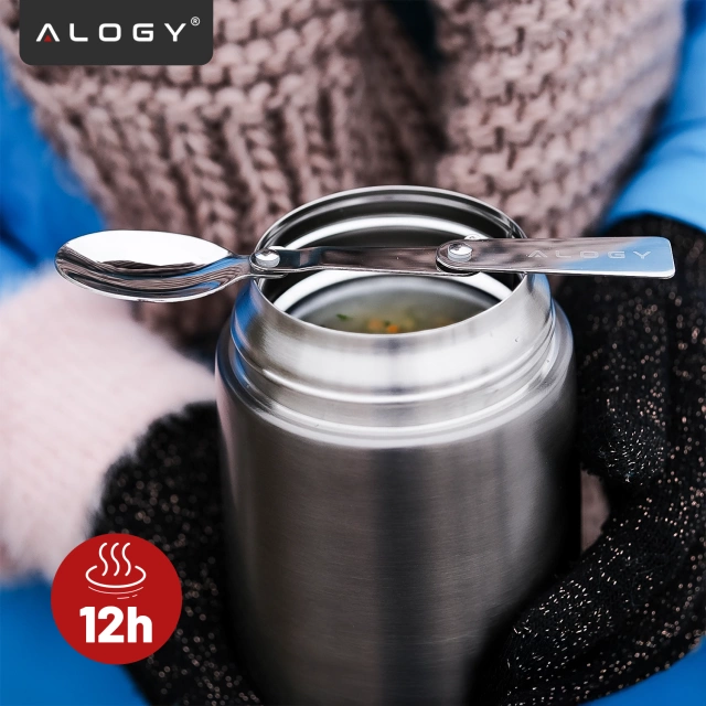 Alogy Termos obiadowy na jedzenie zupe dla dzieci 700ml ze stali nierdzewnej + składana łyżeczka termiczny szary