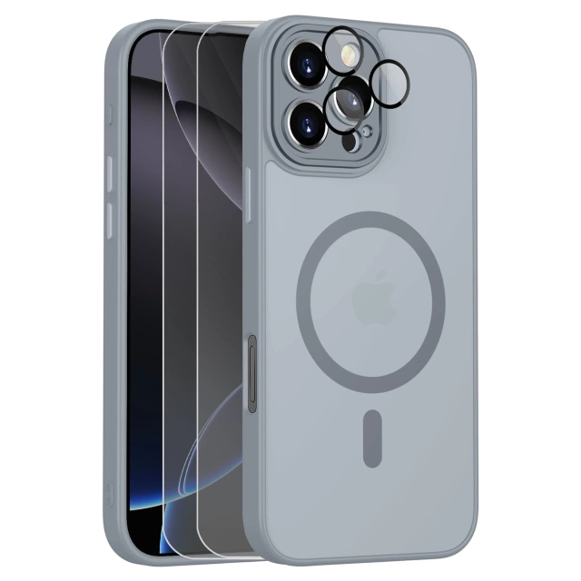 3w1 Zestaw Etui Hybrydowe + 2x Szkło hartowane do Apple iPhone 16 Pro Max obudowa ochronna Hybrydowe MagSafe z ochroną obiektywu case ochronne na telefon Alogy 3in1 Case Pack Titanium Szare