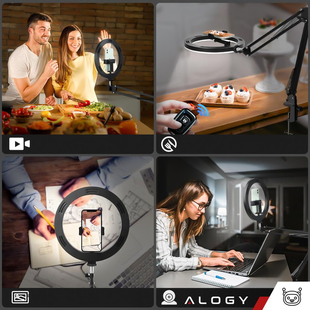 Alogy Lampa pierścieniowa LED 10cal fotograficzna Ring do makijażu z statywem do biurka blatu Czarny