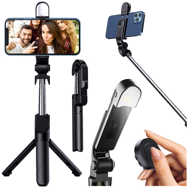 Alogy Uchwyt Bezprzewodowy Selfie Stick Bluetooth składany Tripod Mini statyw do telefonu z lampką LED