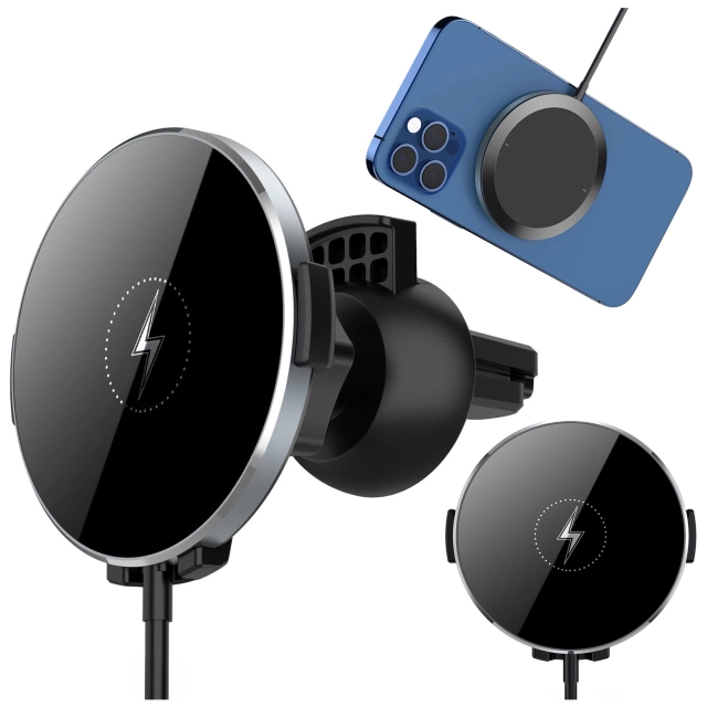 Alogy Uchwyt do samochodu 2w1 z ładowarką Qi Airvent MagSafe Charger do MagSafe 15W do kratki samochodowy Czarny